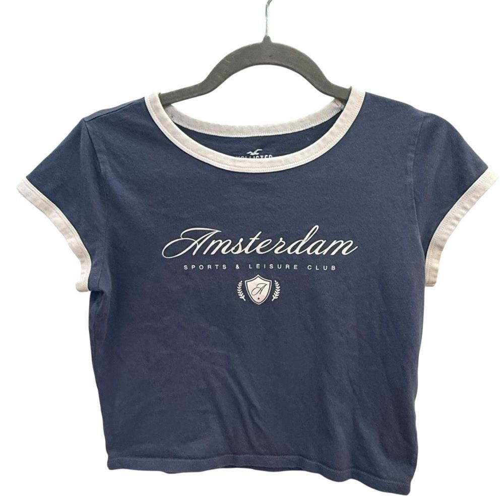 Hollister Short Sleeve Blue Cotton Amsterdam Graphic Crop Baby Tee. Small.